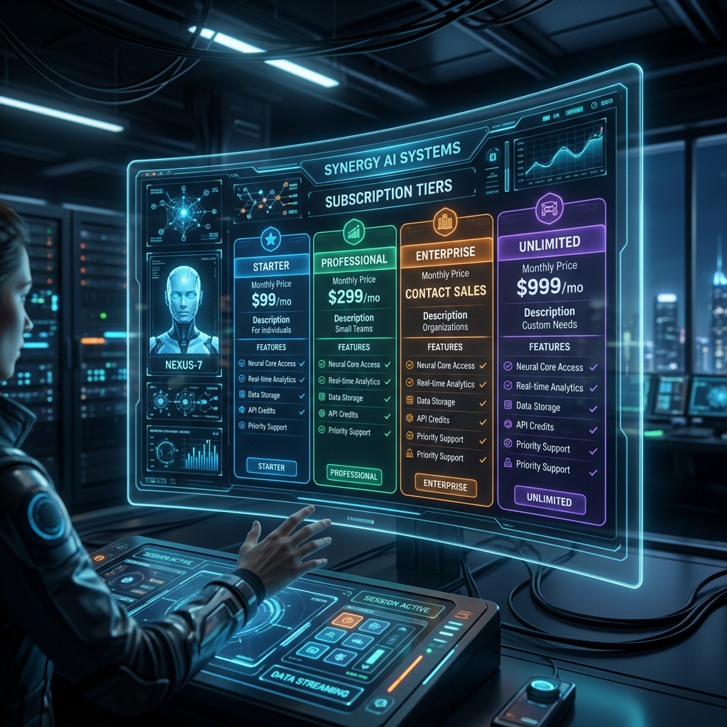 Futuristic digital screen showing AI subscription tiers: Starter $99, Professional $299, Enterprise contact sales, Unlimited $999