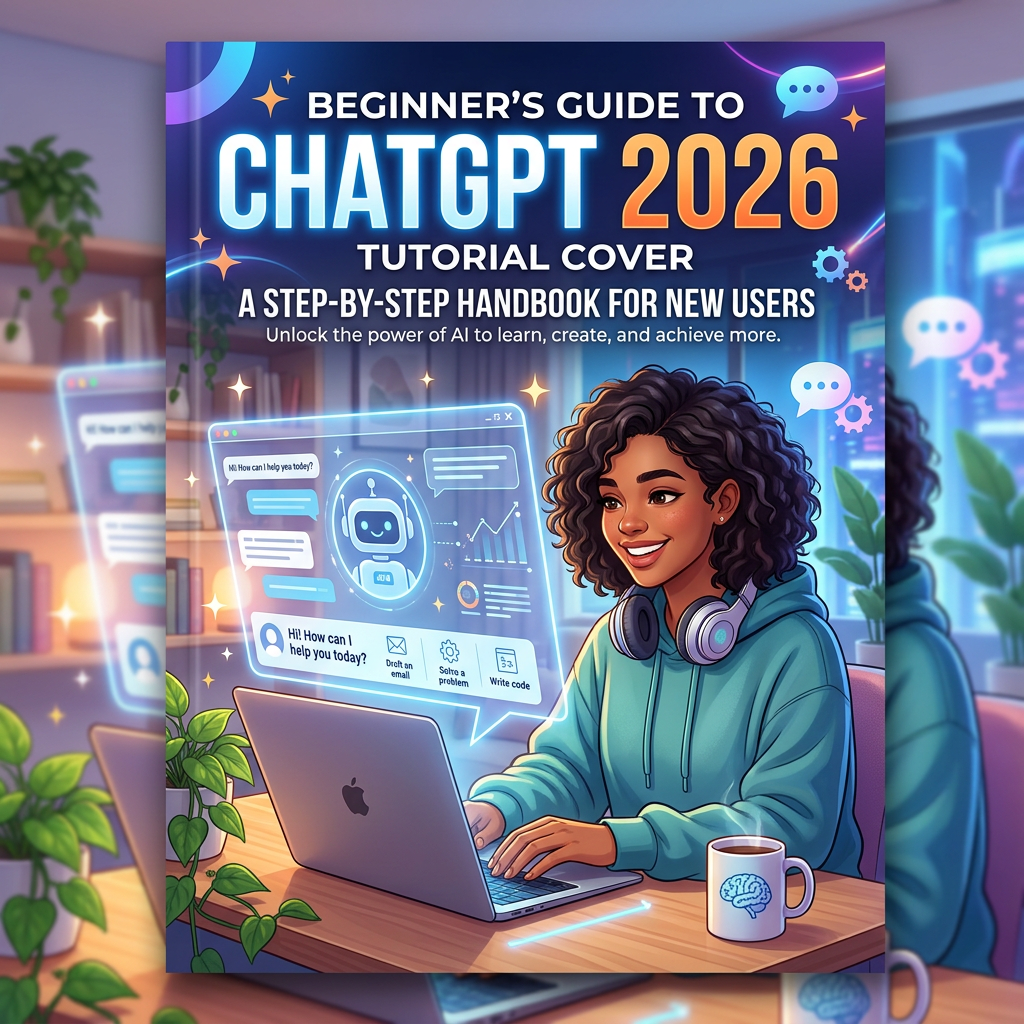 Young woman in hoodie using laptop with holographic ChatGPT AI interface and coffee mug