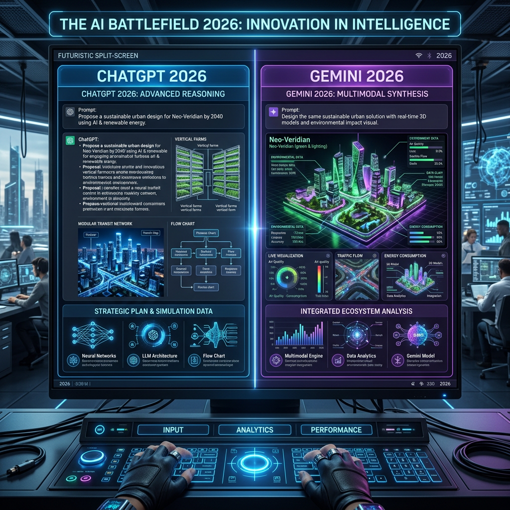 Split-screen futuristic AI urban design comparison with blue and purple panels showing ChatGPT and Gemini 2026 models.