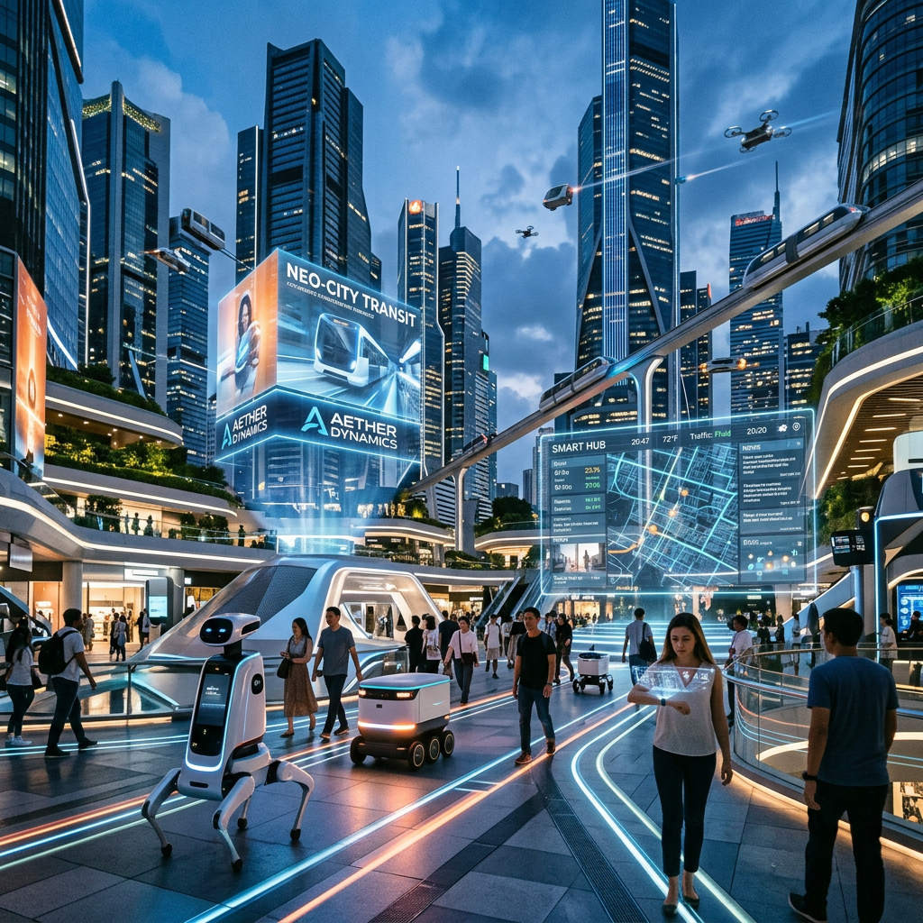 Futuristic AI-powered smart city with robots and holograms