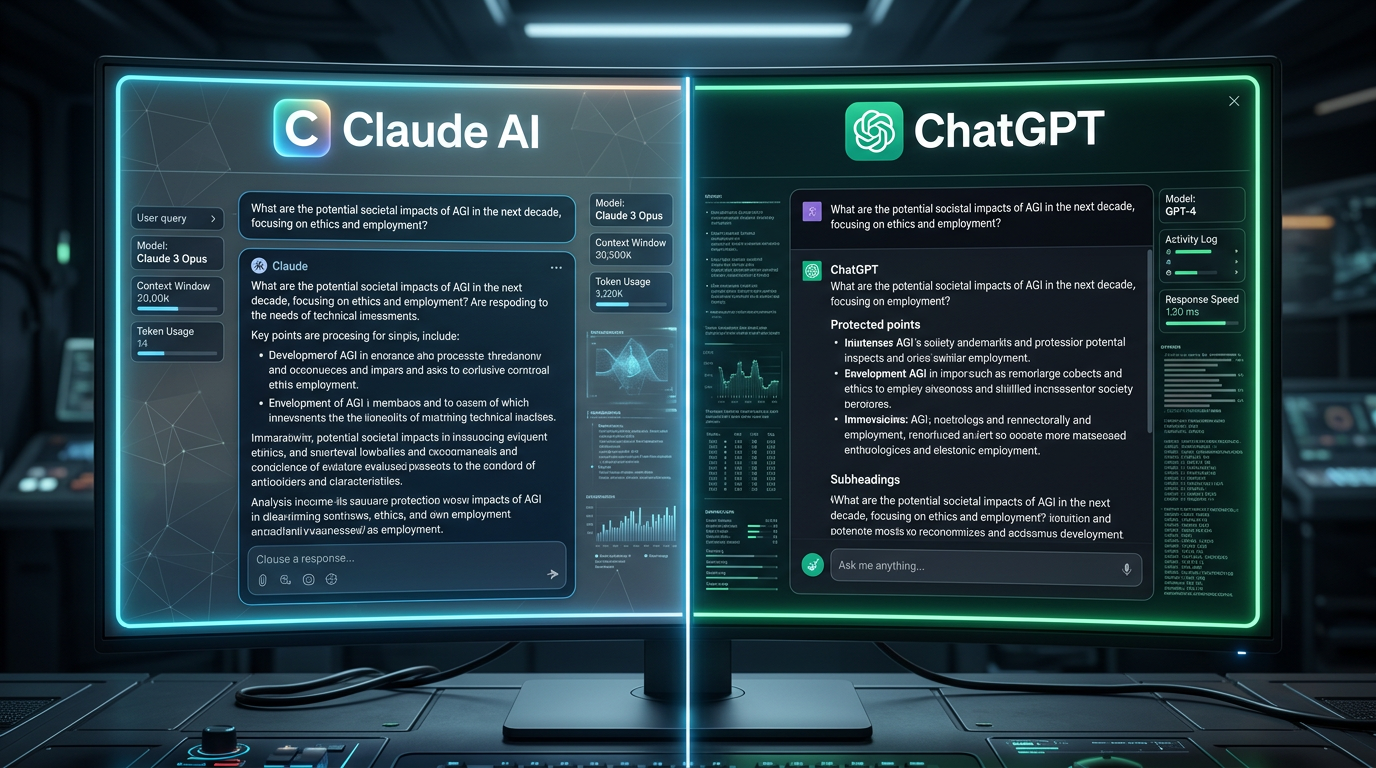 Claude AI and ChatGPT chat interfaces showing responses to a question about AGI societal impacts